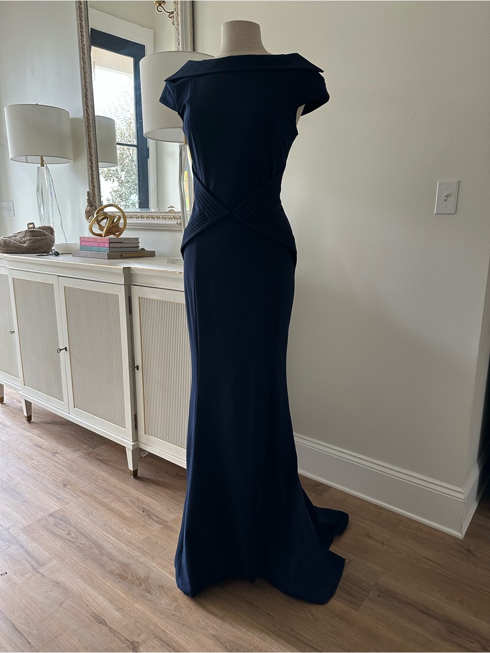 Elegant Navy Jovani Evening Gown - Cap Sleeve, Draped Waist